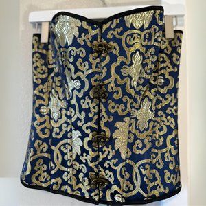 Blue with Gold Brocade Pattern Box Latch Corset
